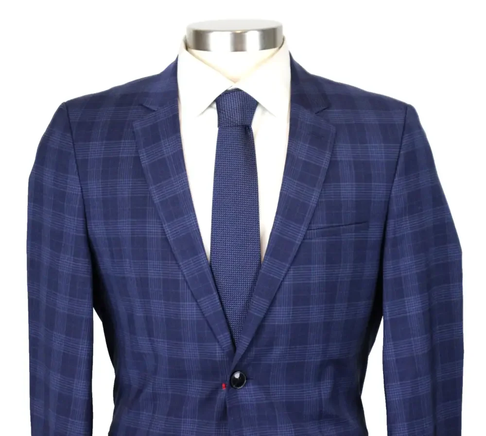Hugo Sport Coat 38 R Mens Blue Plaid Extra Slim Fit Arti232X Super Flex Wool